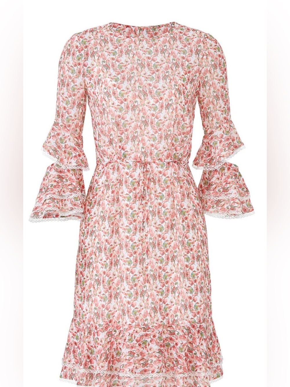 Monique Lhuillier Blush Floral Midi Dress with Ruffle Sleeves